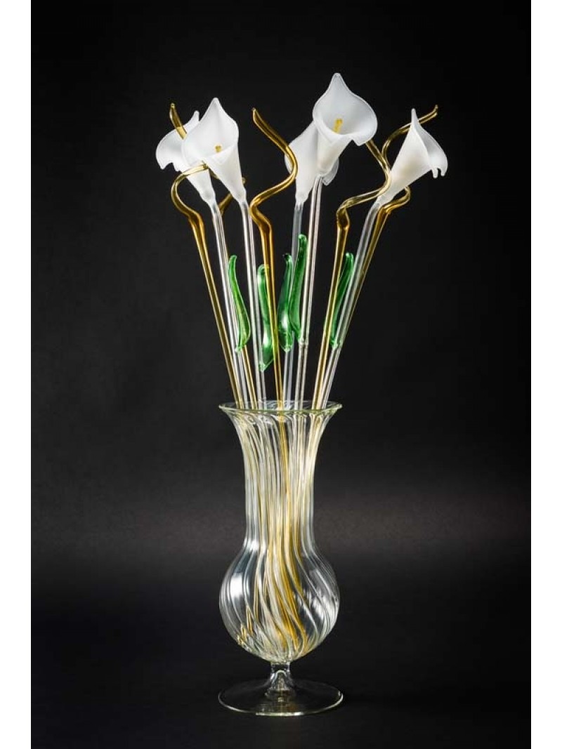 BALL VASE WITH 5 SANDBLASTED CALLAS AND 5 BRANCHES