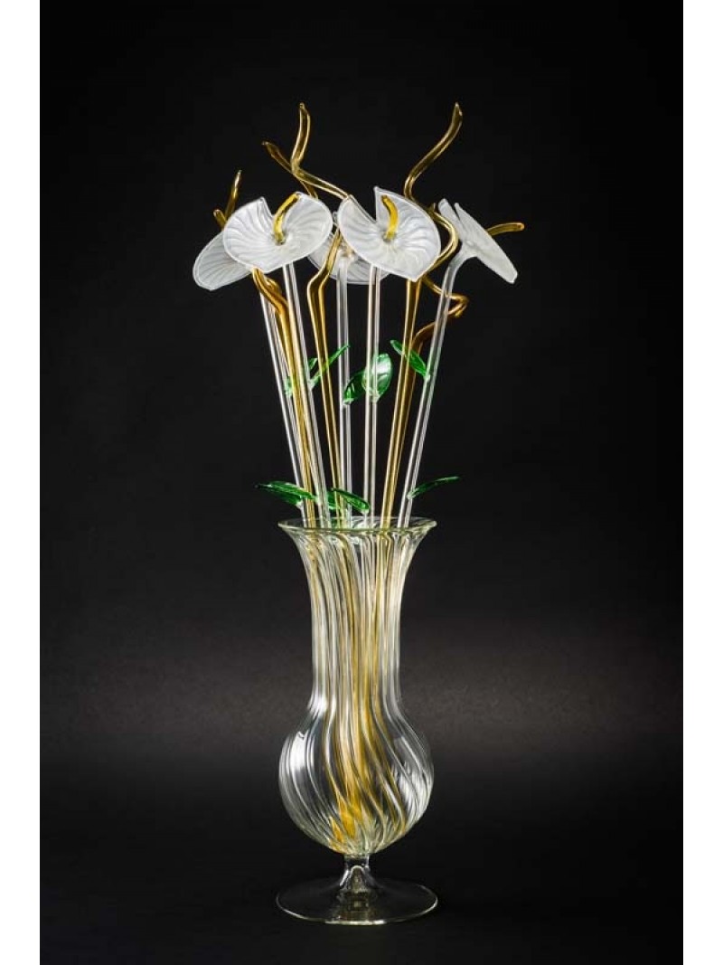 BALL VASE WITH 5 SANDBLASTED ANTHURIUMS AND 5 BRANCHES