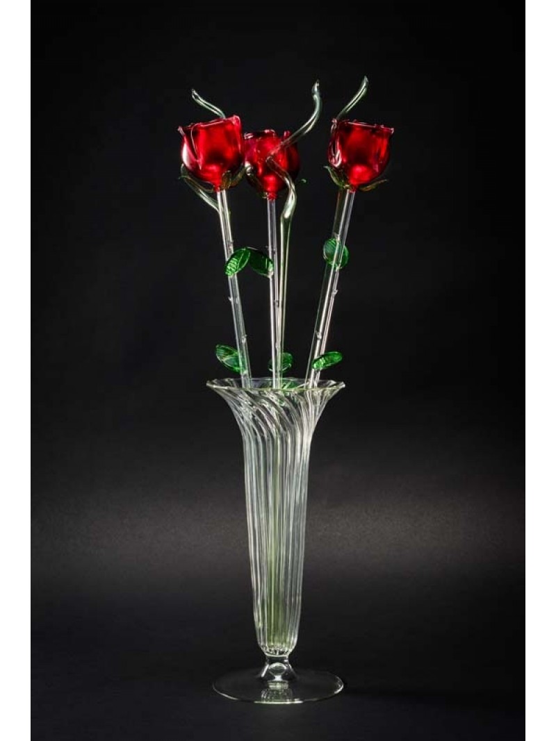 CONICAL VASE WITH 3 ROSES AND 3 BRANCHES