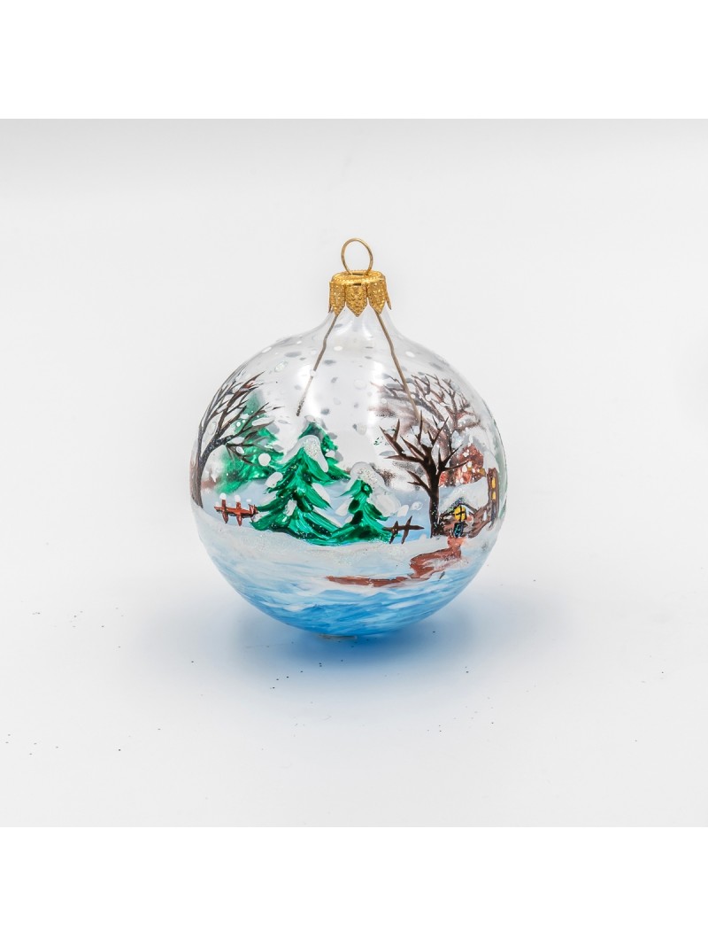 HAND-PAINTED BLOWN GLASS CHRISTMAS BALL - SNOWY LANDSCAPE